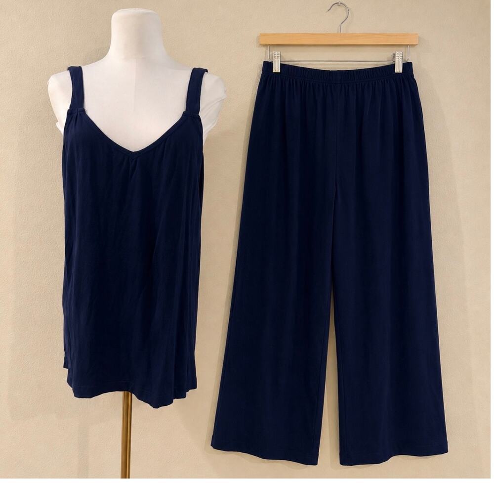 Vintage Caite Woman Navy Rayon Pajama Set Wide Leg Pant Tank Lounge Sleep 1X